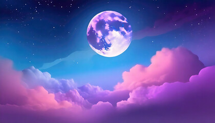 Wall Mural - purple and blue gradient night mystical moonlight moon with fluffy magical clouds phone hd background wallpaper ai generated