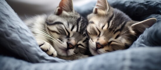 Wall Mural - 2 kittens napping cozily in a white blanket two cats resting together gray and tabby domestic kittens cuddling in love