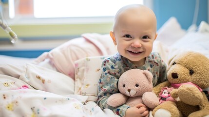 Wall Mural - healthcare child and cancer patient portrait holding teddy bear