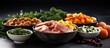 BARF Diet for dogs Natural organic food with raw meat eggs and vegetables served in a bowl Dogs paws on grey background