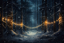 Moody Festive Christmas Night Scene In The Woods With Christmas Lights And Snow
