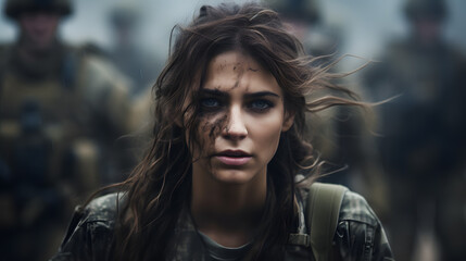 close-up of a female military army soldier with muddy face and intense gaze