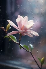 Wall Mural -  Magnolia flower behind the glass with drops of rain water. Spring wallpaper nature, beauty design.