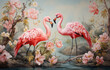 Zakochane różowe flamingi w egzotycznym lesie. Sztuka cyfrowa w stylu wodnych farb akwarelowych. 