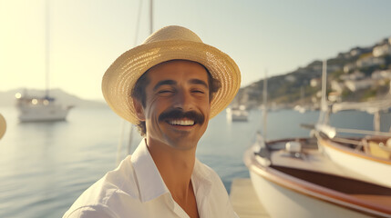 Wall Mural - happy man with moustache and hat smiling and having fun on vacation by the sea in Italy