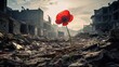 single red poppy growing amidst the rubble and ruins of city