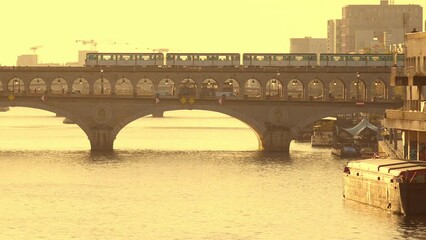 Wall Mural - Train of Parisian subway (line 6) passing on Pont de Bercy over river Seine in Paris, France