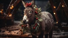 Festive Equestrian: Red-Hat Donkey In Christmas Season With Adorable Elk Decoration