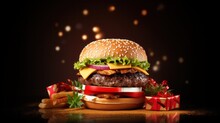 Delicious Christmas Burger With Candies And Gifts On Dark Background