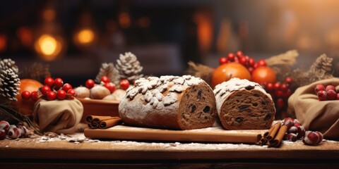 Wall Mural - Delicious Christmas Treats with Generative AI: Festive Gingerbread, Cookies, and Decadent Chocolate Cake on a Beautiful Festive Background