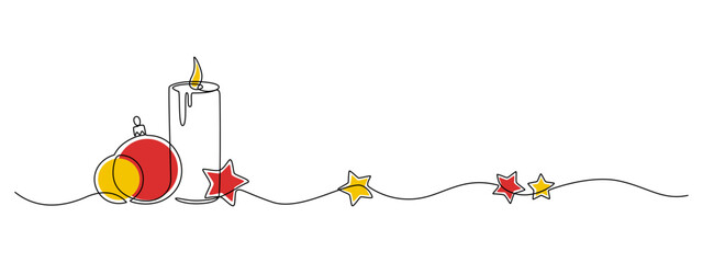 Poster - One continuous line drawing of Christmas card border. Festive candle, ball and stars for winter xmas holiday concept in simple linear style. Black editable stroke. Doodle vector illustration