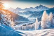 Winter snow landscape. Christmas background. Fir tree forest on ski mountain. Frozen nature view, sun in sunset sky. Frost wood scenery. Cold white ice cover. New year snowy scene. Xmas holiday travel