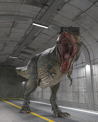 Wall Mural - tyrannosaurus rex is looking for food on the road inside the tunnel