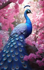 Poster - A peacock sitting on top of a tree branch. Generative AI.