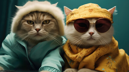 Canvas Print - Two cats wearing sunglasses and a hoodie. Generative AI.