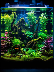 Vivid capture of an aquascape tank featuring intricate details of aquatic plants like Anubias, Dwarf Hairgrass, and Ferns, with small species like neon tetras and shrimp
