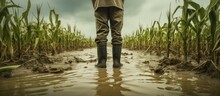 Farmer In Flooded Field With Rubber Boots And Increasing Crop Failures Due To Torrential Rain