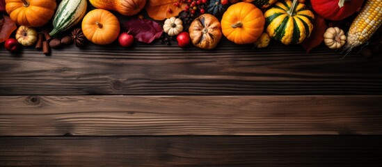 Sticker - Assorted gourds squash pumpkins and other fall items on wooden background