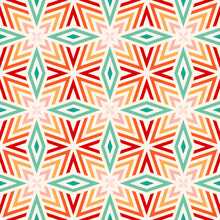 Colorful Retro 1970s Style Vector Seamless Pattern With Geometric Lines And Floral Ornament Elements. Abstract Symmetrical Design Perfect For Wallpapers, Textile Prints, And Modern Fashion Fabrics