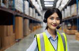 Fototapeta  - asian female supervisor worker in a warehouse on the isle between boxes wearing a yellow  vest and a headset