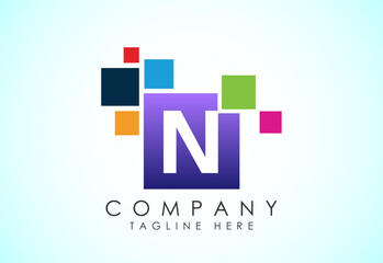 Poster - English alphabet N with data pixel. Creative technological modern data pixel logo