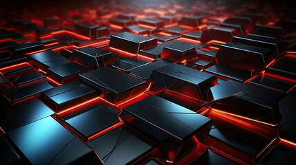 Poster - Dark abstract background of hexagonal cells and squares with a futuristic hi-tech energy glow