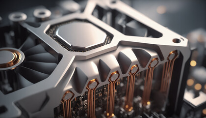 Poster - Close-up of a GPU fan in silver metallic material with shallow depth of field, showcasing AI hardware. Ideal for tech and AI concepts.