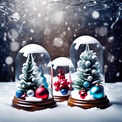 Christmas trees and balls under snow in a glass dome. Creative still life with copy space.