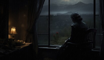 Wall Mural - A woman sits in a chair looking out the window at a mountain, AI