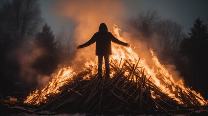 Canvas Print - A person standing on top of a bonfire, AI