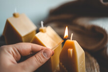 Handmade Candles In The Shape Of A House In An Autumn Interior