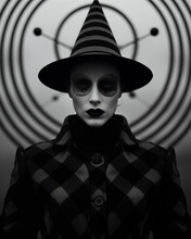 A Haunting Monochrome Portrayal Of A Figure In A Checkered Coat And Striped Hat, Set Against A Background With Concentric Circles. Generative AI.