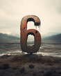 © ADDICTIVE STOCK - An imposing metal numeral '6', adorned with spikes, stands by a serene forested lake, creating a stark contrast to the peaceful backdrop. Generative AI.