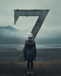 © ADDICTIVE STOCK - A solitary figure, with obscured face, stands before a massive numeral '7', set against a foggy, mystic landscape. Generative AI.
