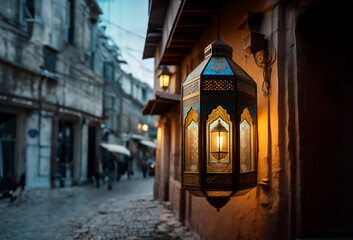 An ornamental Arabic lantern with colorful glass glowing. The blurred city showing in the background. A greeting for Ramadan and Eid.