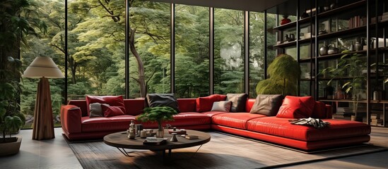 Modern style interior living room with red sofa furniture situated in a lush green garden