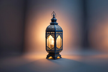 An ornamental Arabic lantern with colorful glass glowing on a studio background, a greeting for Ramadan and Eid.