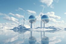 Three Turbines In Arctic Landscape, Rendered In 3D For Sustainable Energy. Generative AI