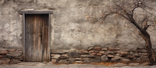 Sticker - Old and weathered objects including wood boards doors windows of a barn stone and masonry are seen in the boarded up windows of an old house