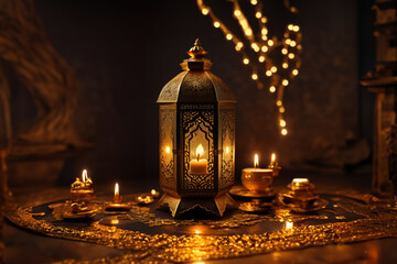 An ornamental Arabic lantern with colorful glass glowing. The blurred city showing in the background. A greeting for Ramadan and Eid.