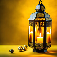 An ornamental Arabic lantern with colorful glass glowing on a golden background, a greeting for Ramadan and Eid.