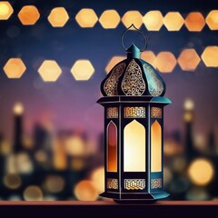 An ornamental Arabic lantern with colorful light glowing in the street in the evening.