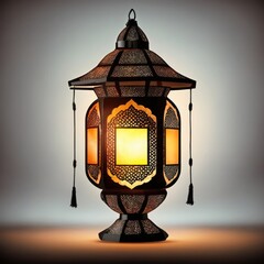 An ornamental Arabic lantern with colorful light glowing in the street in the evening.