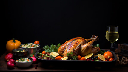 A Thanksgiving Dinner with Roasted Turkey Against a Black Background with. Copy Space