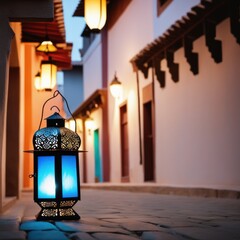 An ornamental Arabic lantern with colorful glass glowing. The blurred city showing in the background. A greeting for Ramadan and Eid.