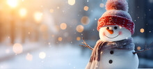 Closeup Of A Cute Snowman Wearing A Wool Hat And Scarf, Laughing And Surrounded By Snowy Landscape And Bokeh Lights, The Sun Shines Bright On This Winter Holiday Christmas Banner With Copy Space