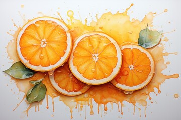 Wall Mural - A painting of oranges and leaves on a white surface.