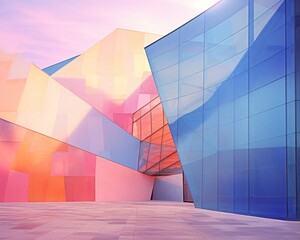 abstract colorful new modern design architecture building. pink shiny pastel sky.