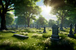 Old cemetery in sunny weather. Spring cemetery with graves. Autumn cemetery