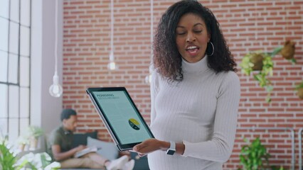 Poster - Pregnant, business woman and tablet presentation, survey and meeting, planning marketing or creative communication on tech. Advertising, website results or black woman talking with digital technology